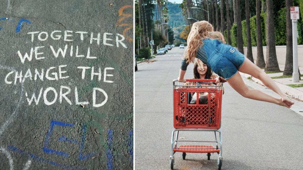 Graffiti on a sidewalk with the message "together we will change the world "
