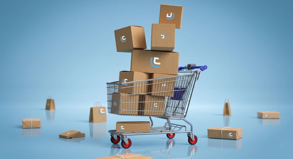 Shopping cart filled with branded cardboard boxes against a light blue background, representing online shopping and purposeful consumer choices.