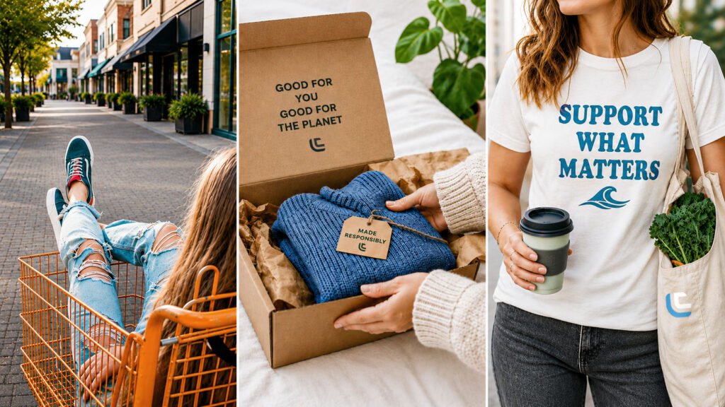 A collage showing everyday shopping and sustainable choices, including a shopper in a cart, responsibly packaged clothing, and a person wearing a "Support What Matters" shirt while carrying reusable items.