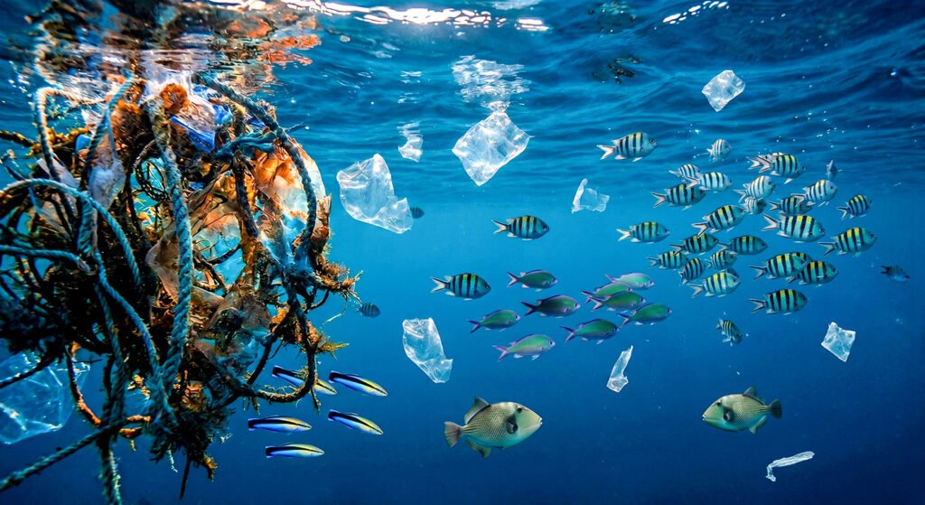 Marine debris and floating plastic waste drift through clear blue water as colorful tropical fish swim nearby, highlighting the impact of ocean pollution.