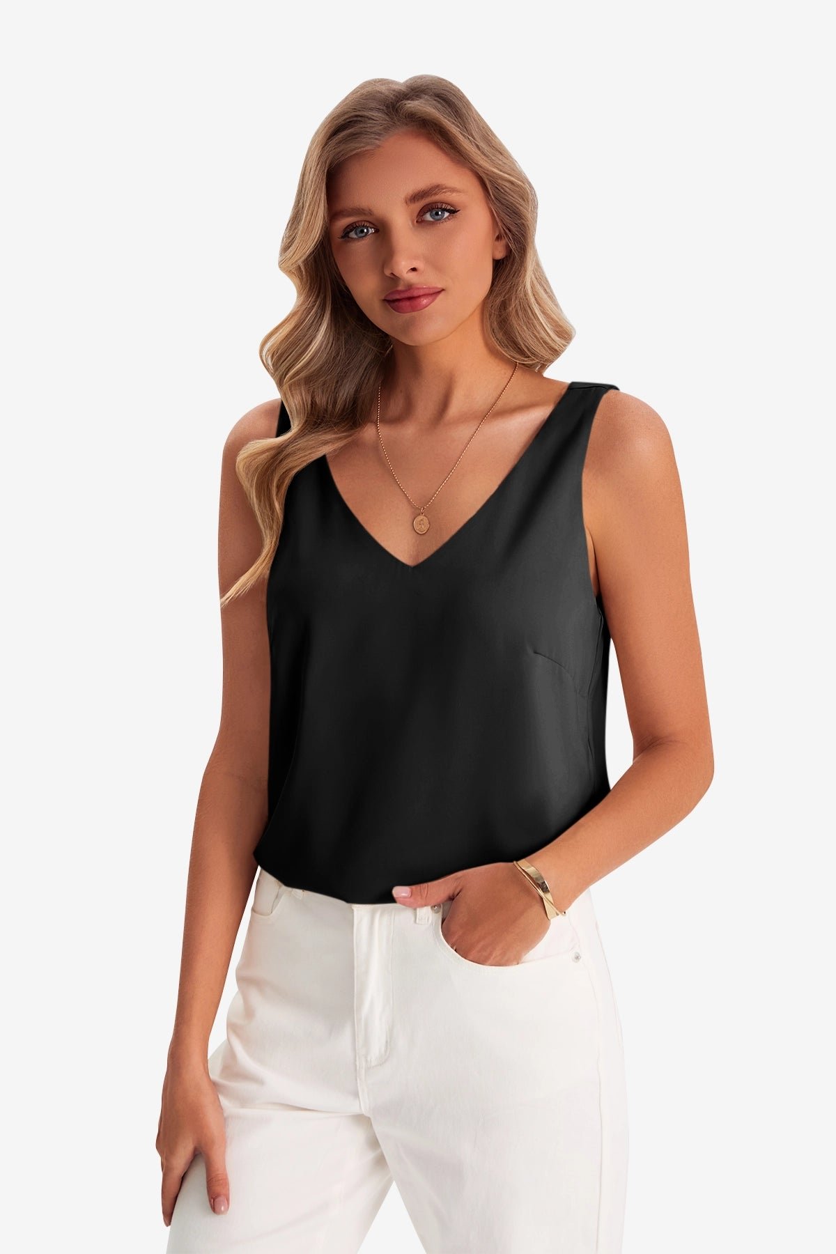 Womens Black V Neck Satin Tank Tops  | CicyBell