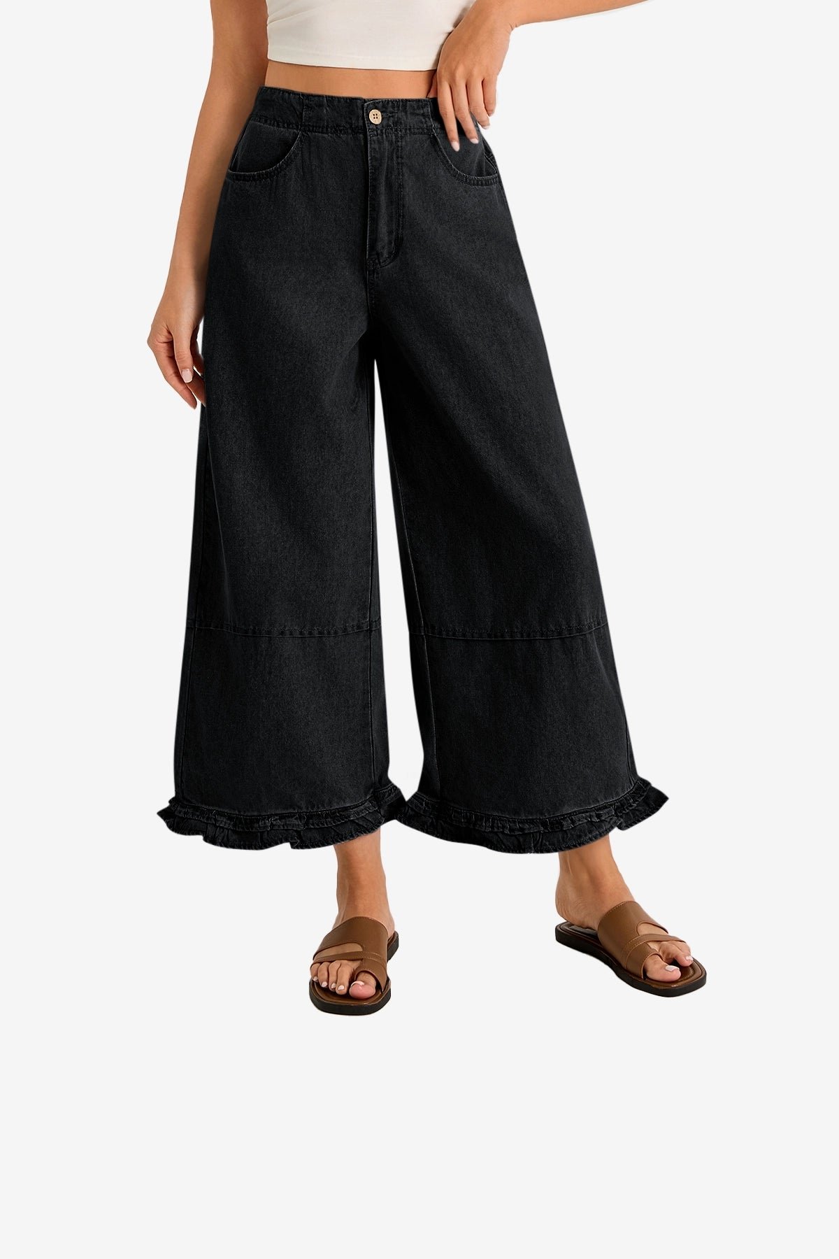 Womens  Black Ruffle Wide Leg Jeans | CicyBell