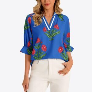 Womens Royal Blue Boho Floral Blouses | CicyBell