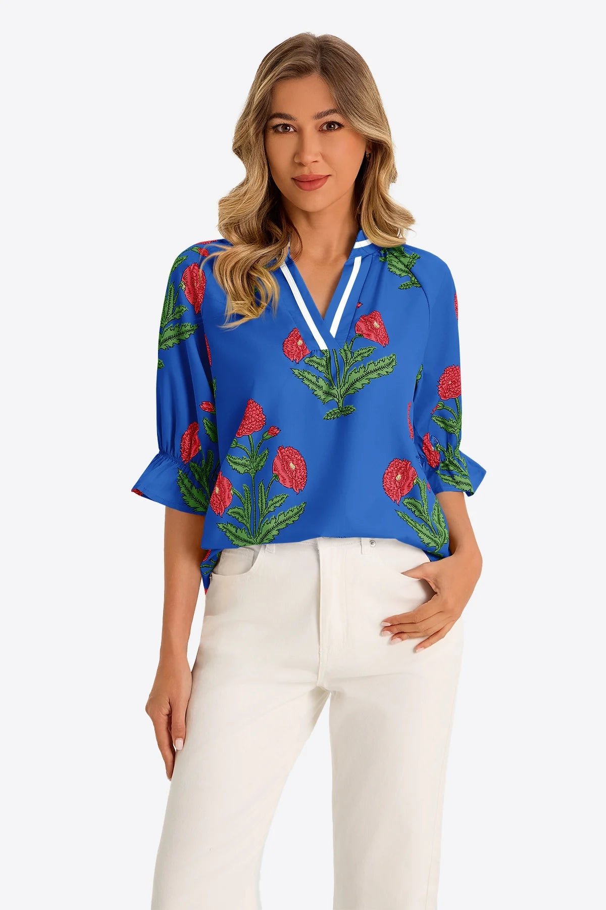 Womens Royal Blue Boho Floral Blouses | CicyBell