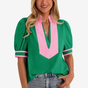 Womens Green Color Blcok Puff Sleeve Blouses | CicyBell