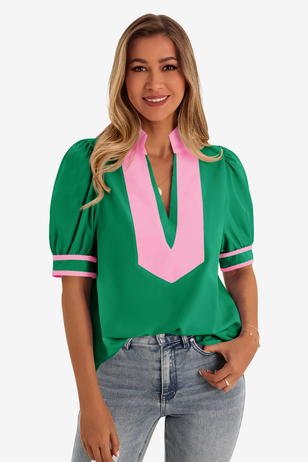 Womens Green Color Blcok Puff Sleeve Blouses | CicyBell