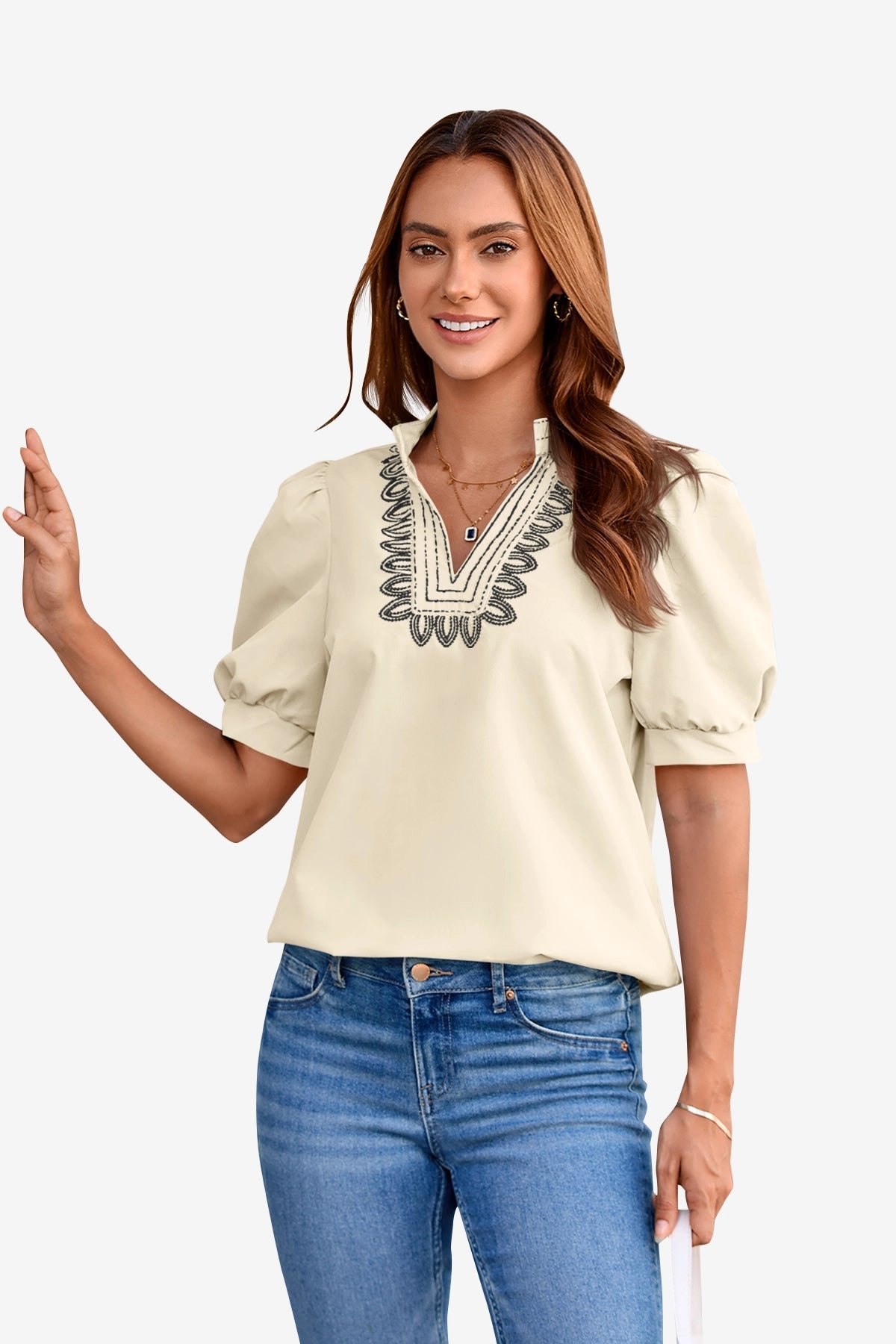Womens Beige Puff Short Sleeve Blouses | CicyBell