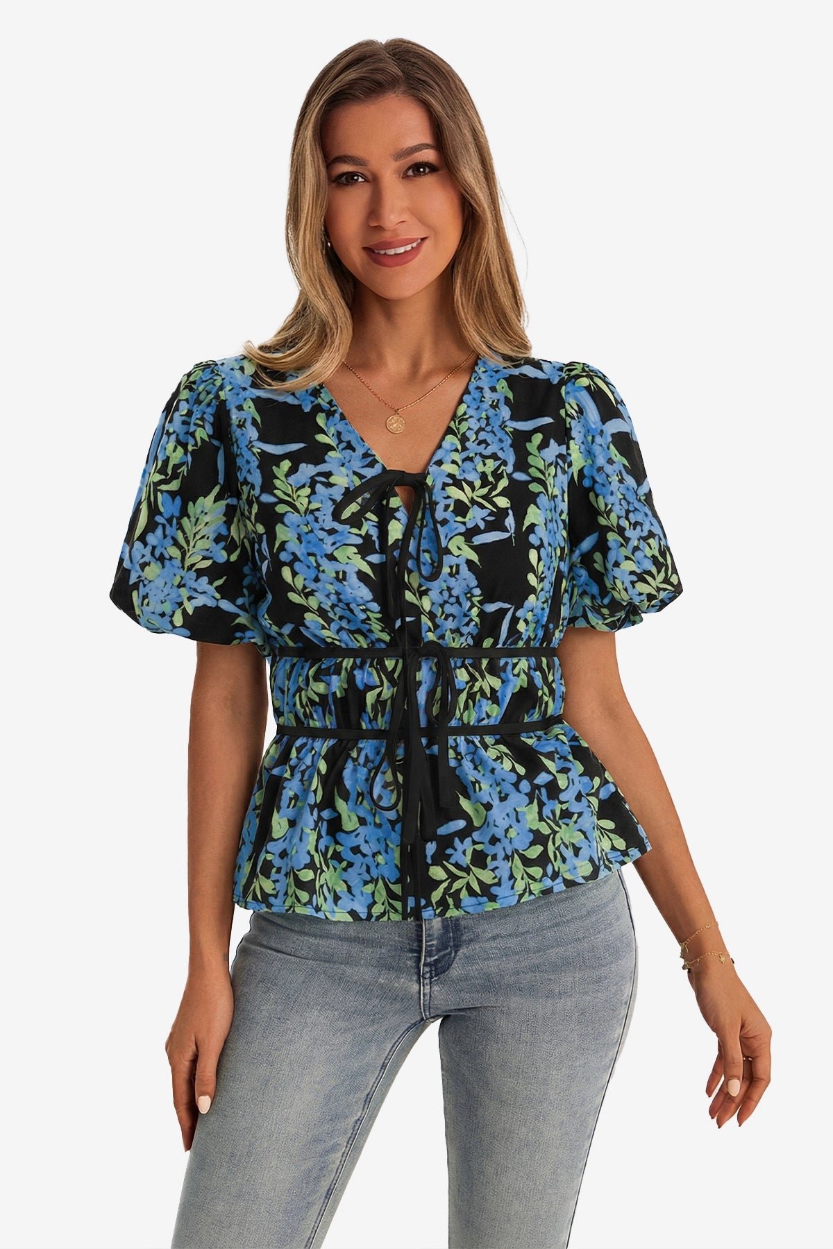 Womens  Black Puff Sleeve Floral Print Blouses | CicyBell