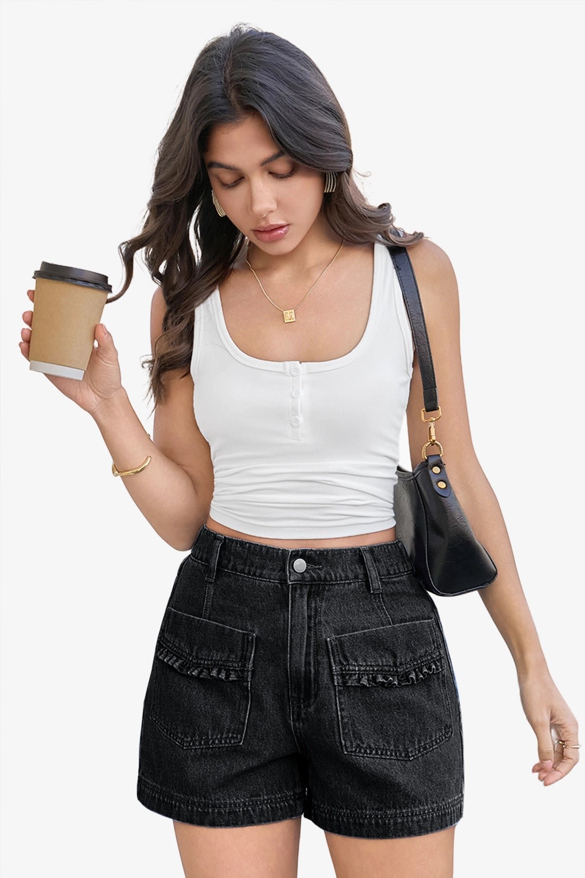Womens Black Elastic High Waisted Jean Shorts | CicyBell