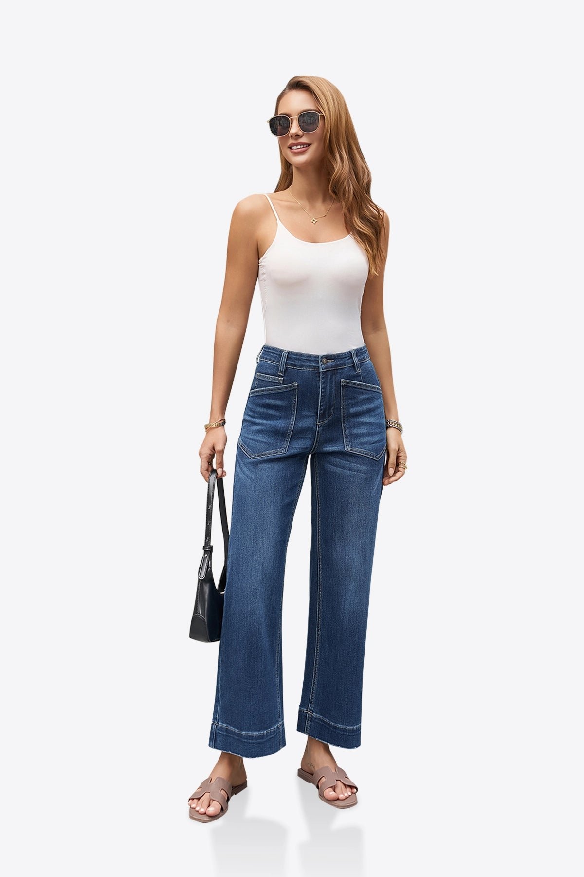 Womens Dark Blue Cropped High Waisted Baggy Jeans | CicyBell