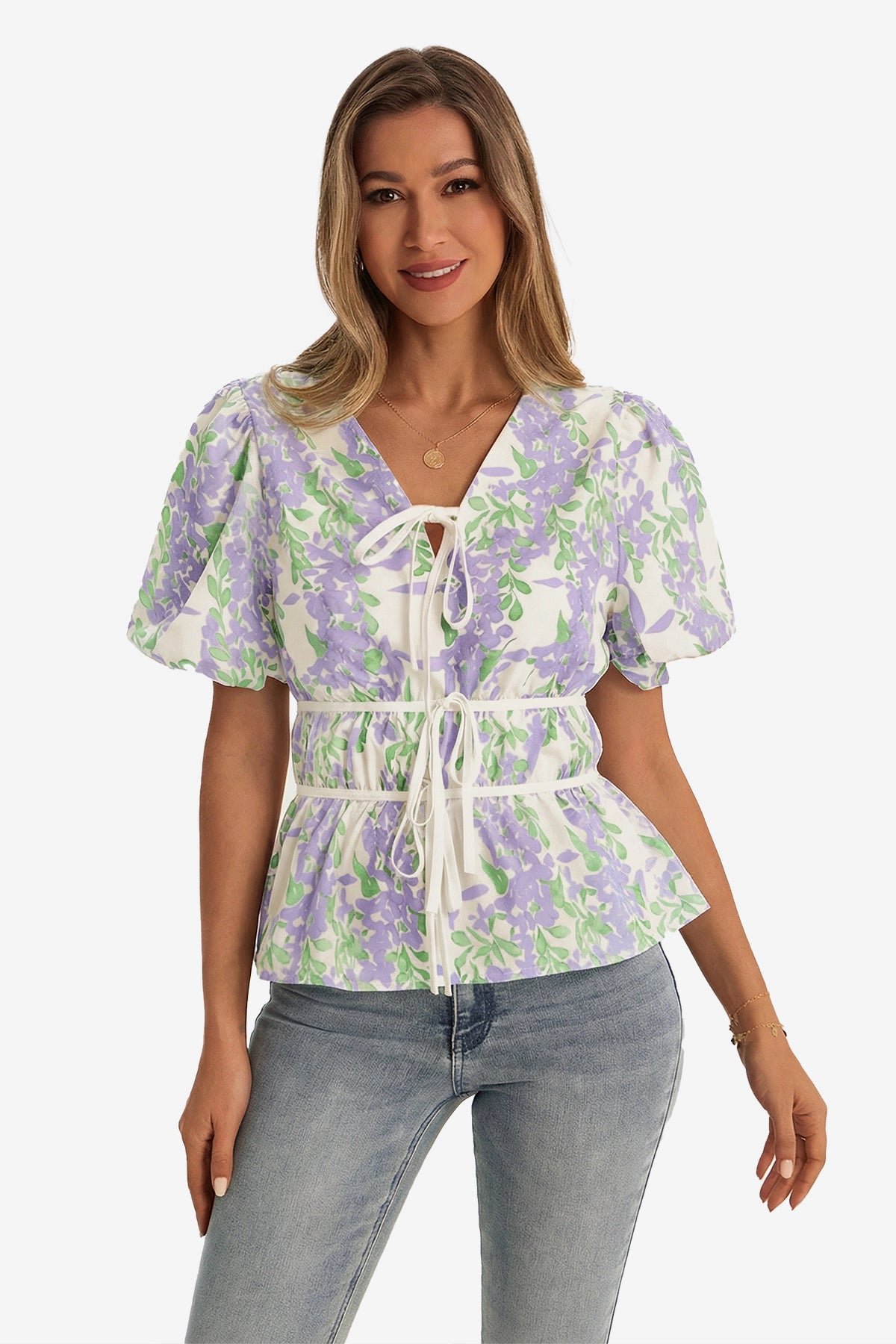 Womens Light Purple Puff Sleeve Floral Print Blouses | CicyBell