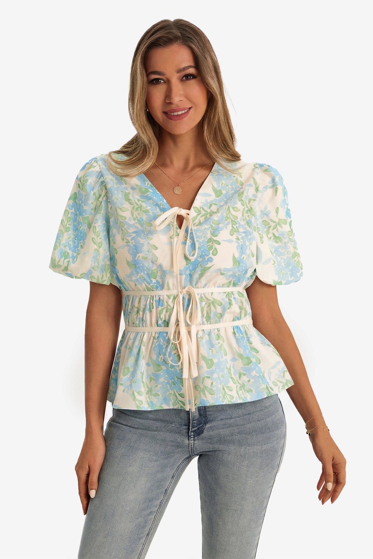 Womens Sky Blue Puff Sleeve Floral Print Blouses | CicyBell