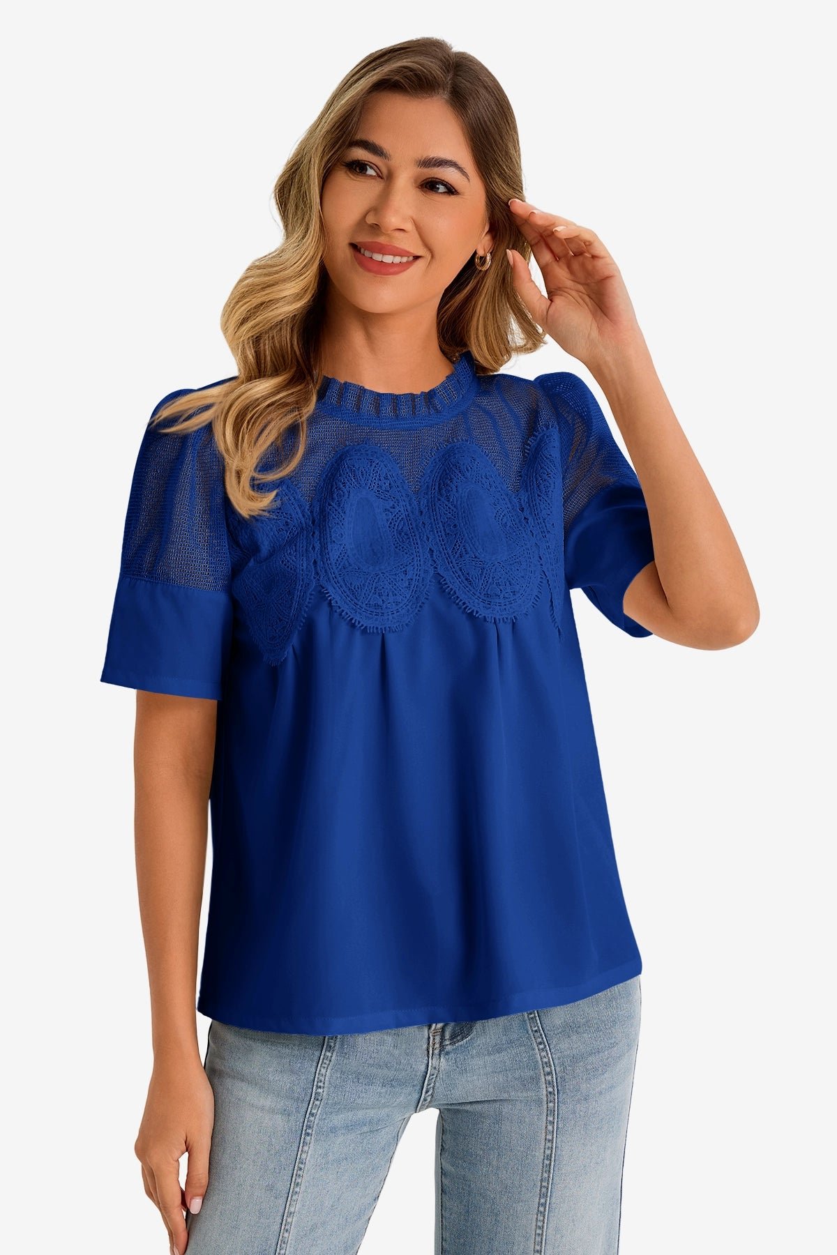 Womens Baby Blue Flowy Lace Blouses | CicyBell