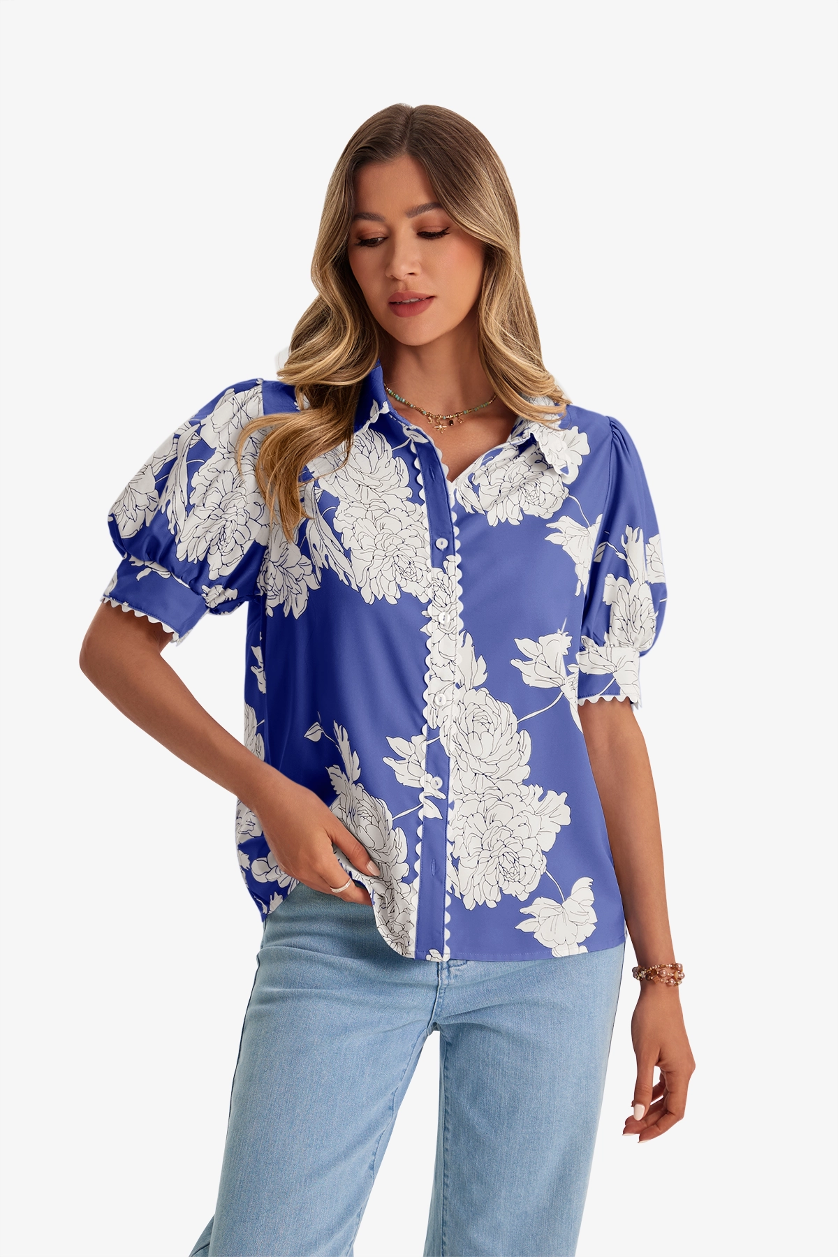 Womens Dark Blue Puff Sleeve Button Down Shirts | CicyBell
