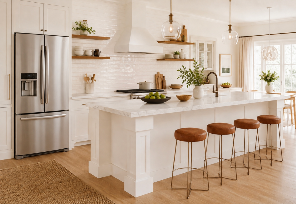 Bright modern white kitchen with stainless steel refrigerator, large marble island, brown leather bar stools, open wood shelving, and pendant lighting.