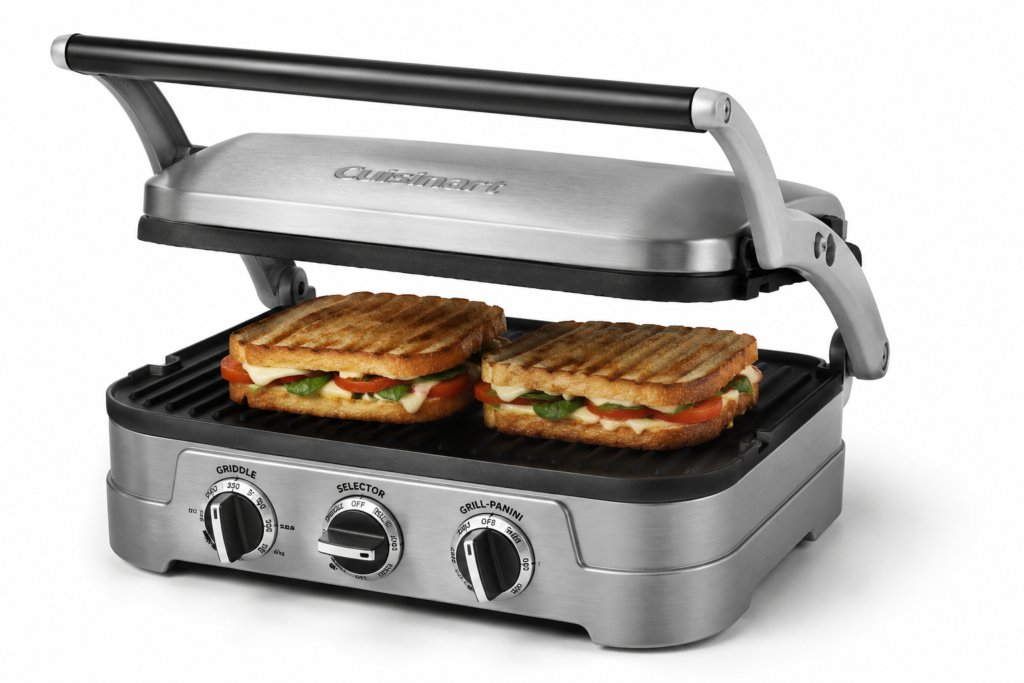 Cuisinart 5-in-1 Griddler Panini Press and Indoor Grill with two toasted sandwiches on nonstick grill plates, shown open on a clean white background.