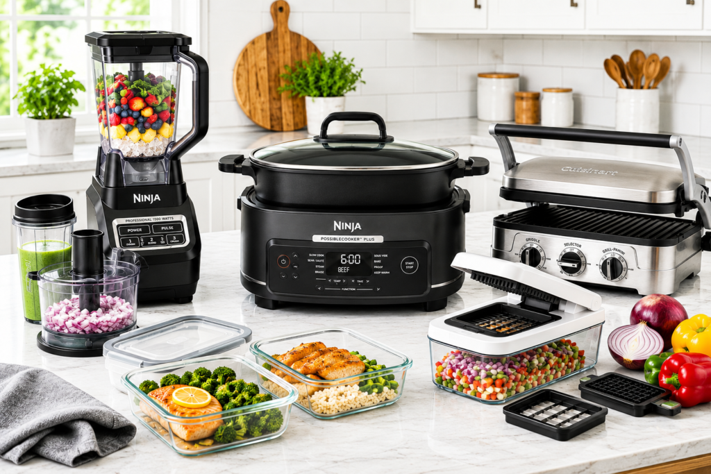 Modern kitchen featuring the Ninja Mega Kitchen System BL770, Ninja® PossibleCooker™ PLUS 12-in-1, Cuisinart 5-in-1 Griddler, Fullstar Pro Vegetable Chopper, and glass meal prep containers arranged for everyday cooking and meal preparation.