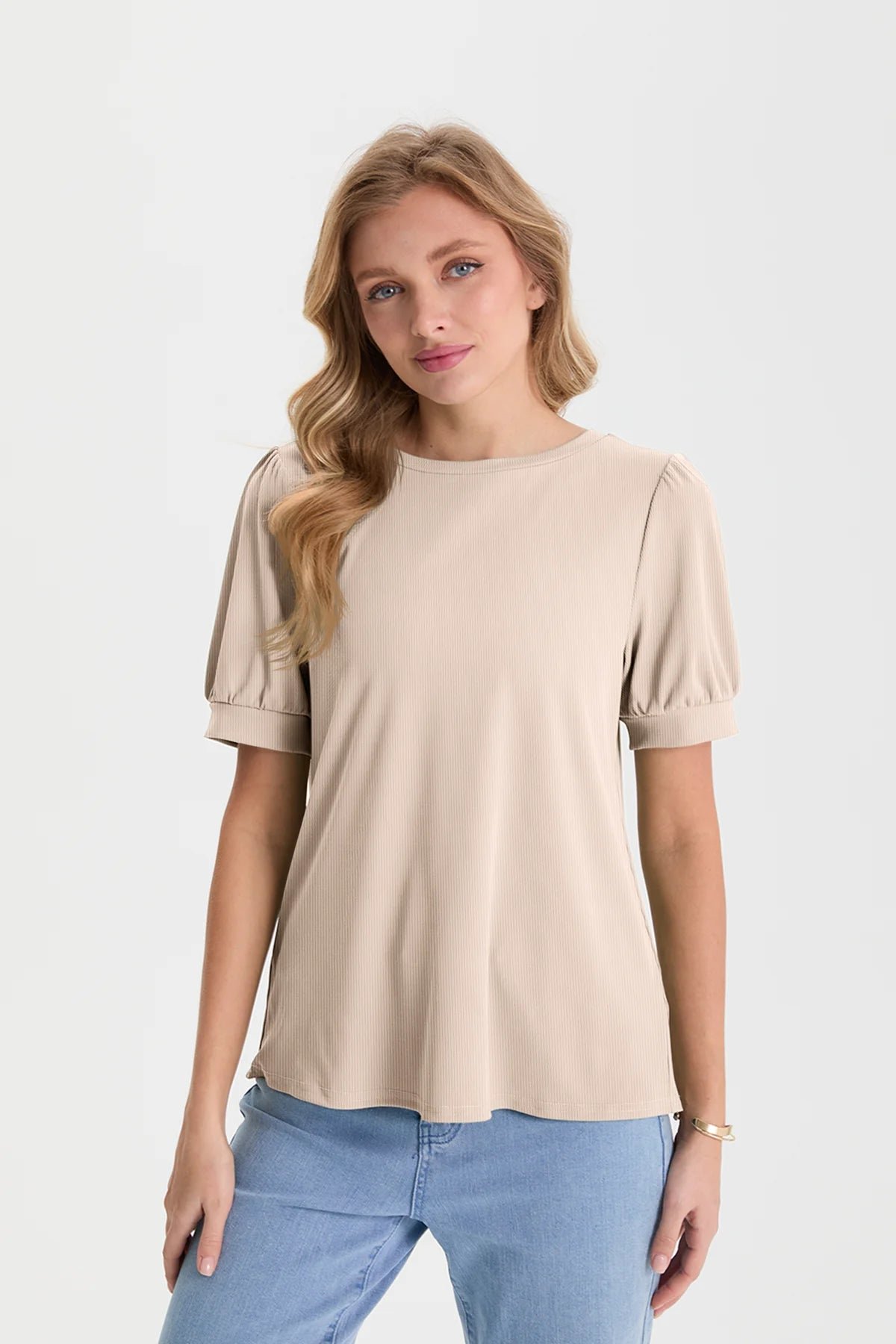 Womens Light Khaki Short Puff Sleeve Blouses | CicyBell