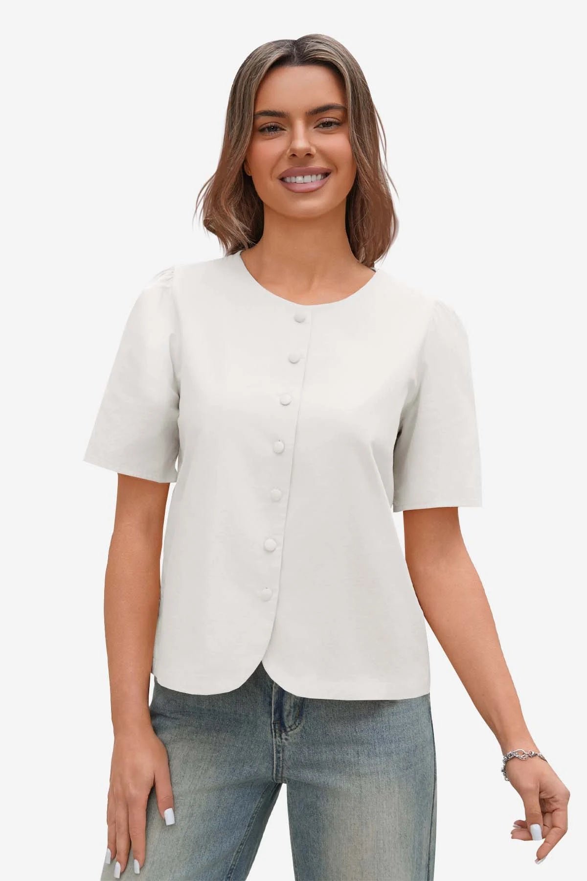 Womens White Short Button Down Puff Sleeve | CicyBell