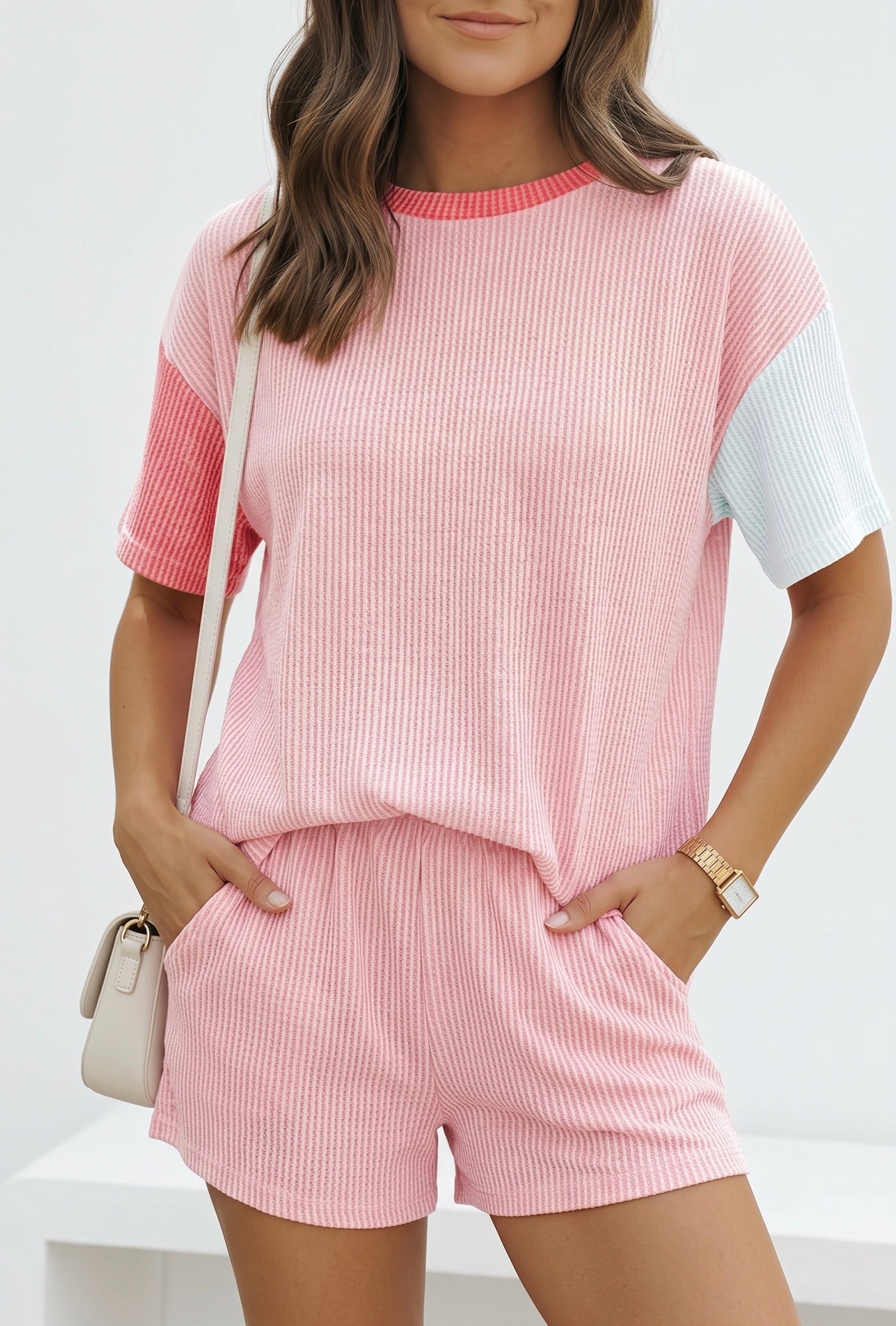 MARZXIN Women 2 Piece Shorts Set 2026 Casual Summer Cruise Outfits Ribbed Loose Short Sleeve Pocket Matching Lounge Sets