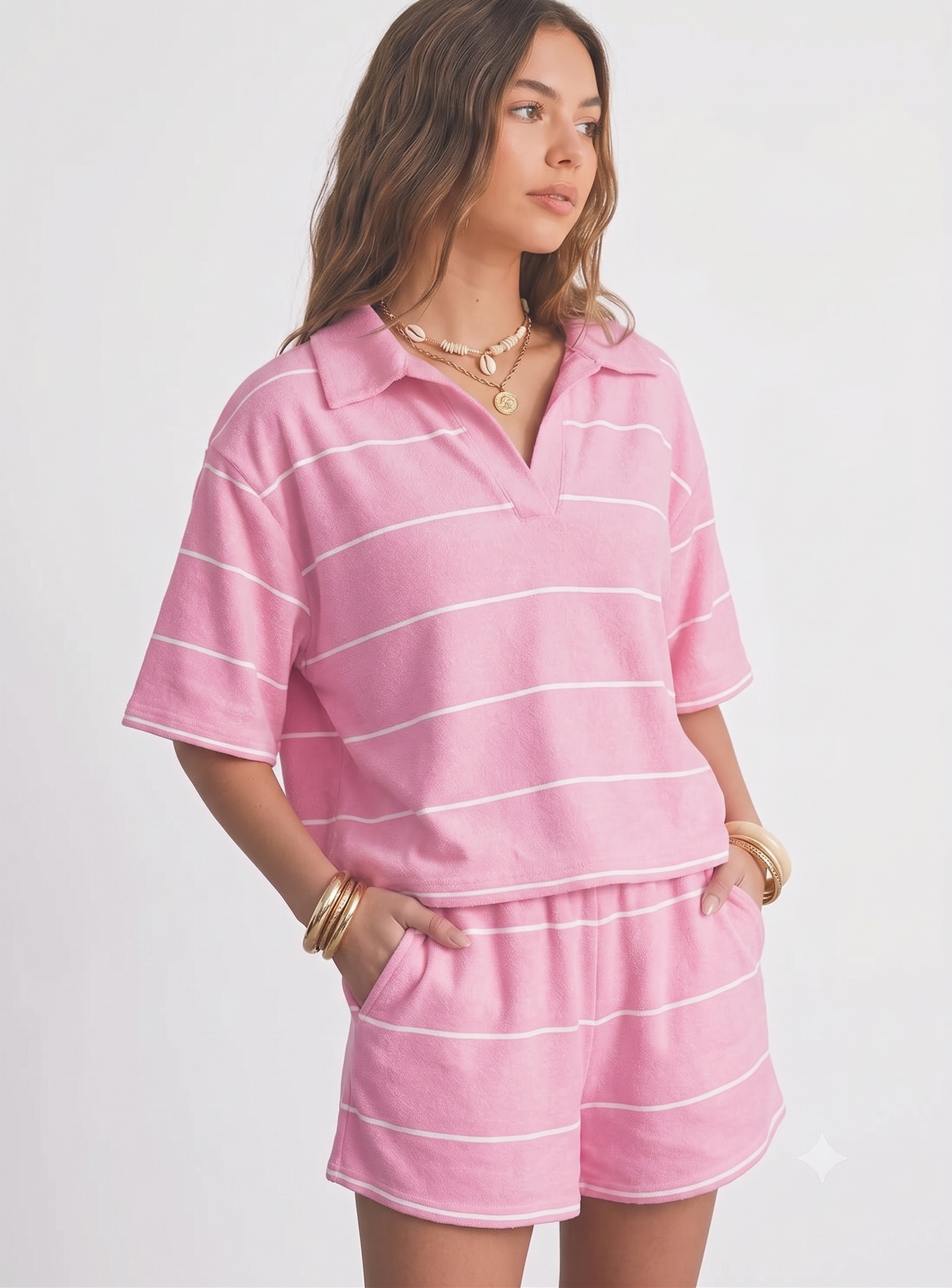 EXLURA Women Summer 2 Piece Outfits Faux Cashmere Sweater Knit Oversized Polo V Neck Top Matching Shorts Vacation Lounge Sets