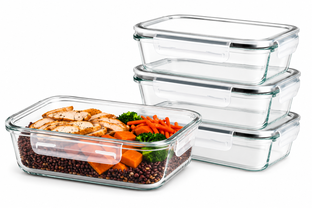 Vtopmart 5-pack 22 oz glass meal prep containers with airtight snap-lock lids for storing leftovers, meal prep, and fresh food. Microwave, oven, freezer, and dishwasher safe.