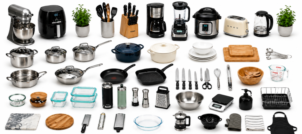 Collection of modern kitchen essentials including cookware, bakeware, small appliances, knives, cutting boards, food storage containers, measuring tools, and cooking accessories arranged on a white background.
