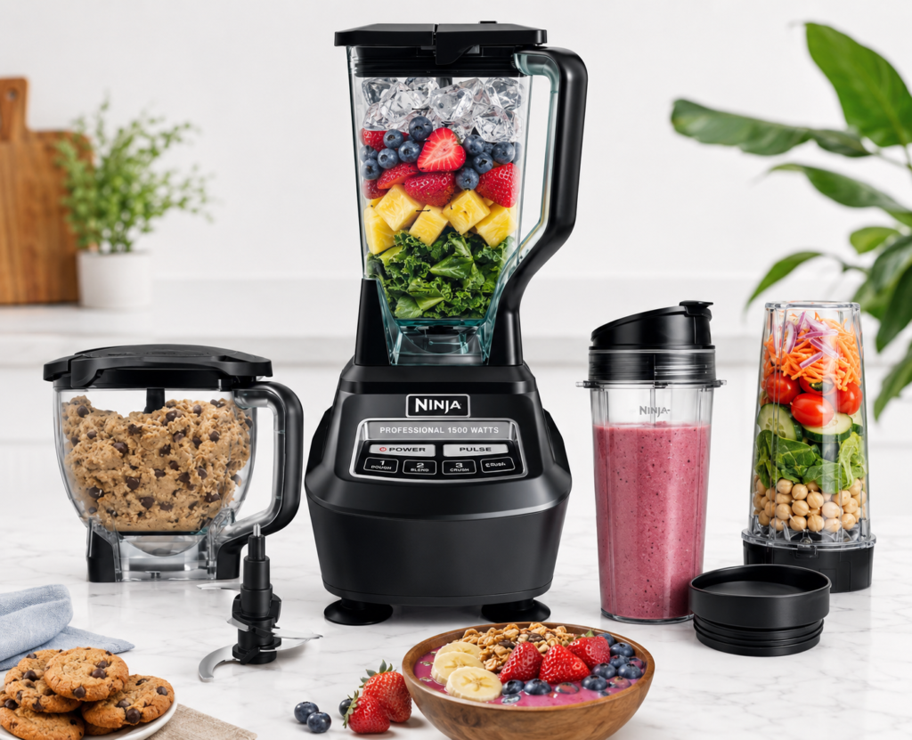 Ninja Mega Kitchen System BL770 with 72-ounce blender pitcher, 8-cup food processor bowl, and single-serve cups for smoothies, meal prep, dough, and food processing.
