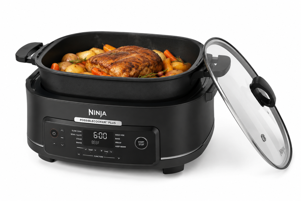 Ninja® PossibleCooker™ PLUS 12-in-1 Multi-Cooker with an 8.5-quart cooking pot, glass lid, and roasted meal, designed for slow cooking, sautéing, braising, sous vide, and family meals.