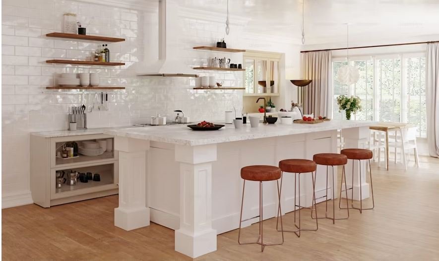 A modern kitchen counter displaying five popular Amazon kitchen gadgets, including a vegetable chopper, Ninja food prep blender and grill, electric panini cooker, cuisinart indoor grill and glass food containers.
