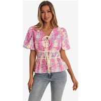 Womens Fuchsia Puff Sleeve Floral Print Blouses | CicyBell
