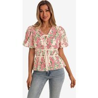 Womens Pink Puff Sleeve Floral Print Blouses | CicyBell