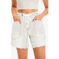 Cicy Bell Womens White Drawtring Mid Waist Denim Shorts