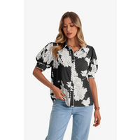 Womens Black Puff Sleeve Button Down Shirts | CicyBell