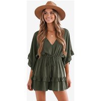 Womens Army Green V-Neck Ruffle Rompers| CicyBell