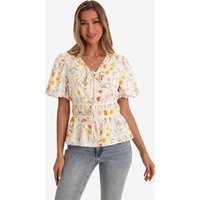 Womens Beige Puff Sleeve Tie Front Tops | CicyBell