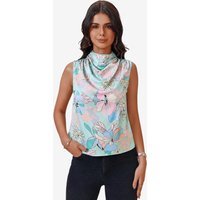 Womens Floral Light Green Mock Neck Satin Tank Tops | CicyBell