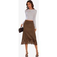 Womens Coffee Silk Satin Midi Skirts | CicyBell