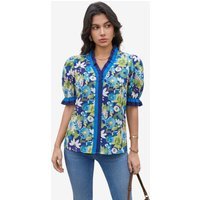 Womens Dark Blue Floral Puff Short Sleeve Tops  | CicyBell