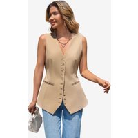 Wrinkle-Free Khaki V-Neck Vest Tailored Stretch | CicyBell