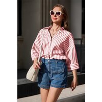 Womens Red 3/4 Bell Sleeve Button Down Shirts | CicyBell