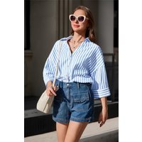 Womens Sky Blue 3/4 Bell Sleeve Button Down Shirts | CicyBell