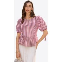 Womens Wine Red Puff Sleeve Gingham Blouse | CicyBell