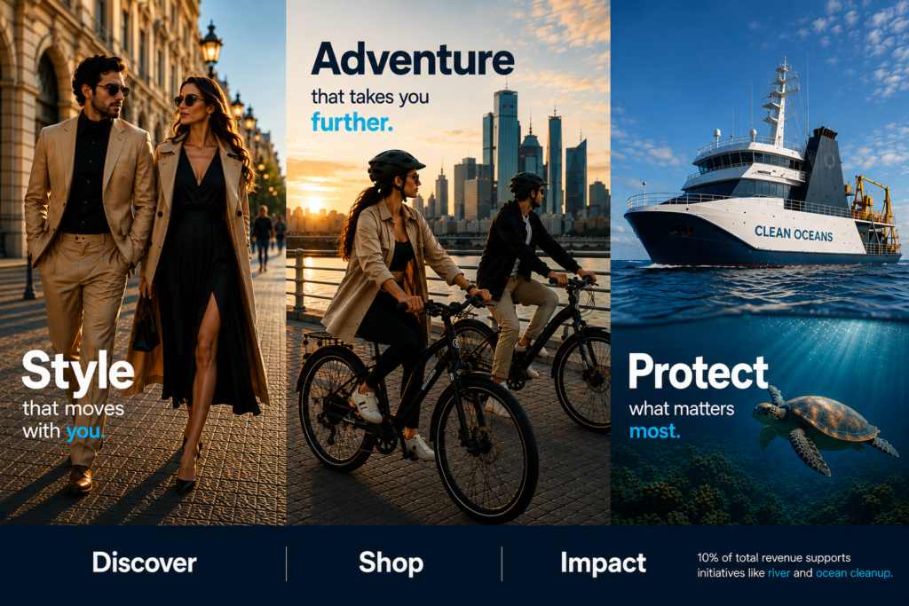 Stylish couple walking through a city, cyclists riding along a waterfront, and a clean oceans vessel above a sea turtle representing fashion adventure and ocean conservation