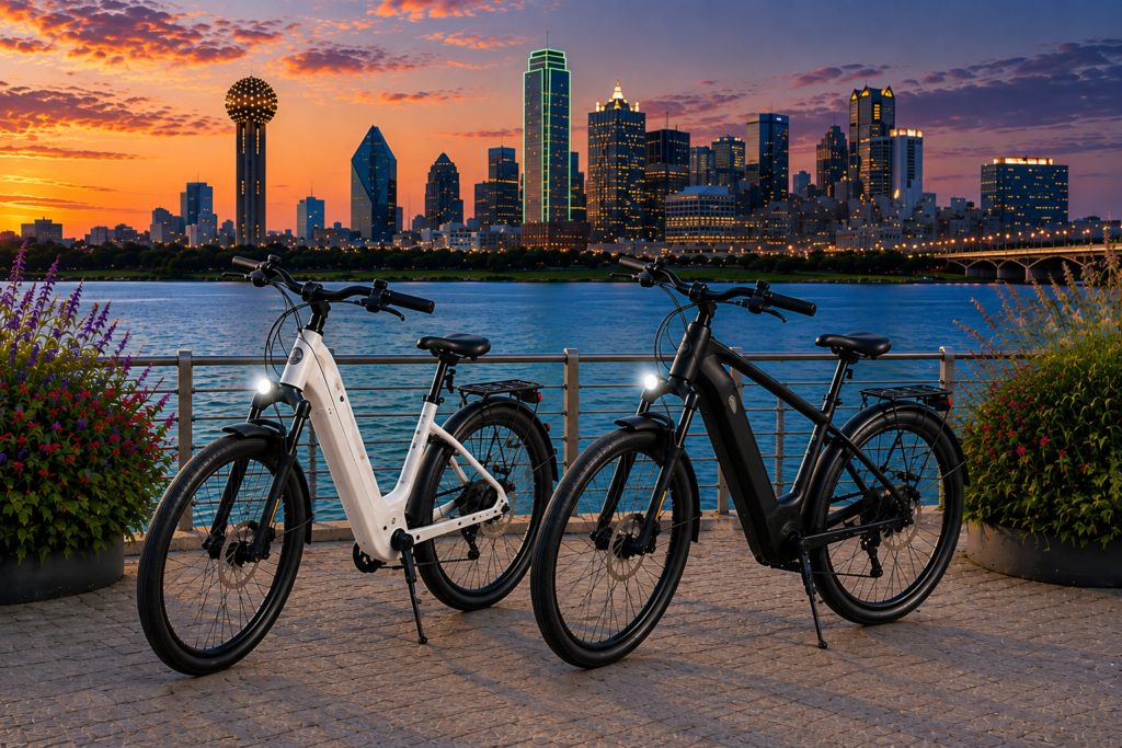 E-bike riders along the waterfront with the Dallas skyline in the background