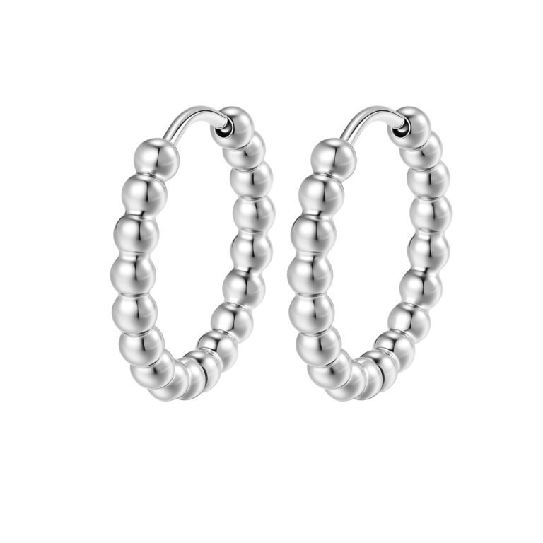 Beaded Hoop Earrings Waterproof - Silver / 8 mm