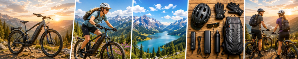 E-bike adventure collage featuring an electric mountain bike, woman riding through alpine scenery, mountain lake, cycling gear, and two riders overlooking a valley at sunset.