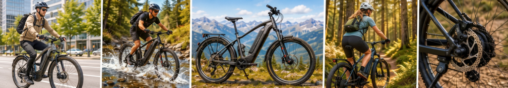 E-bike collage featuring city commuting, trail riding, mountain scenery, forest cycling, and a close-up of an electric bike disc brake and rear wheel.