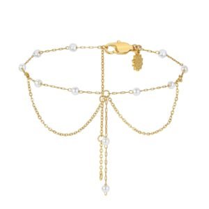 Double Pearl Drop Layered Anklet Waterproof - Gold