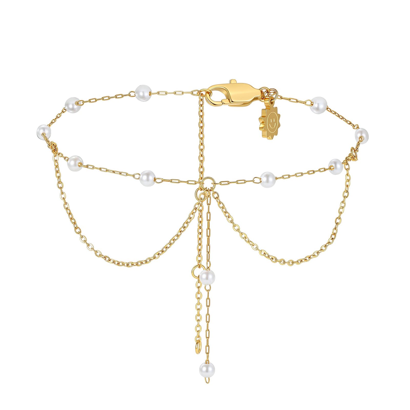 Double Pearl Drop Layered Anklet Waterproof - Gold